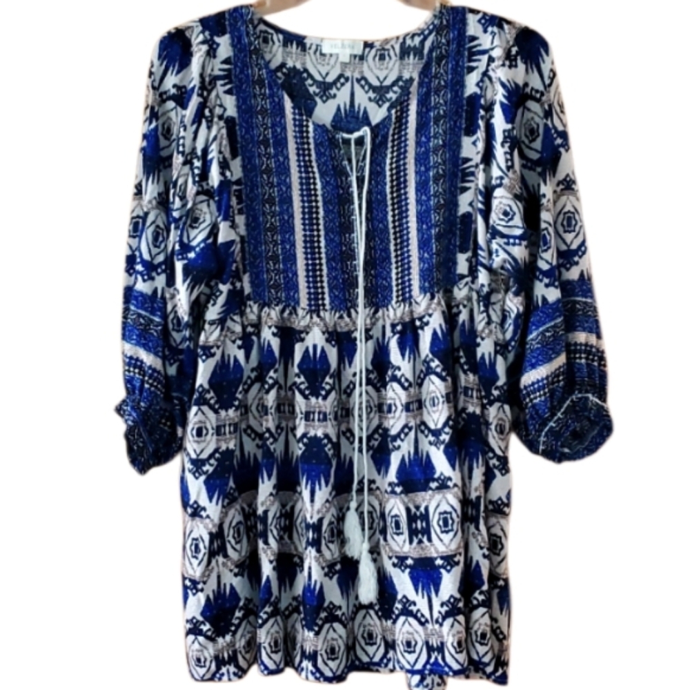 Velzera Womans Flowy Blue Tribal Print Tunic‎ Dress Size Large